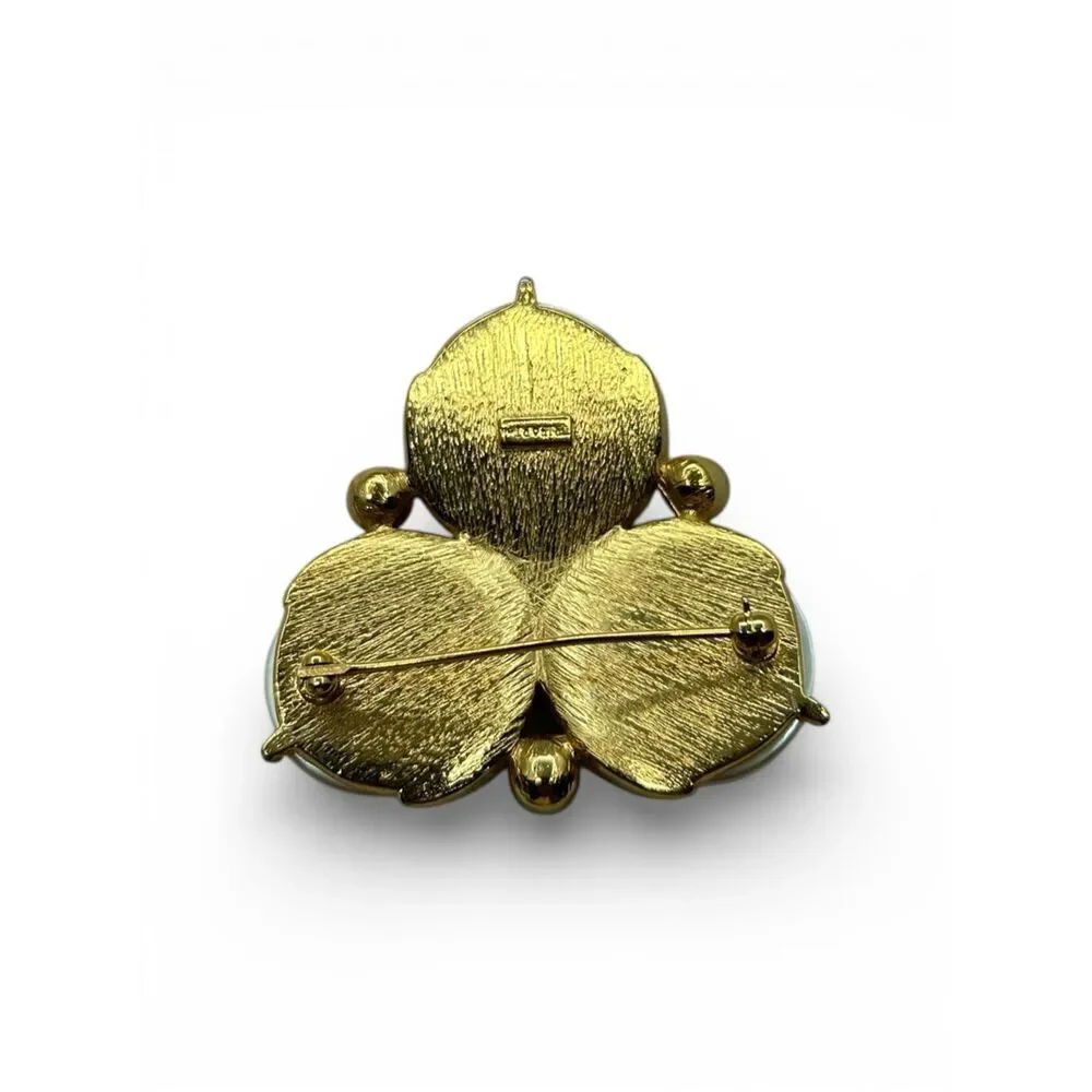 Vintage Trifari faux pearl rhinestone cluster brooch Mid-century gold-tone